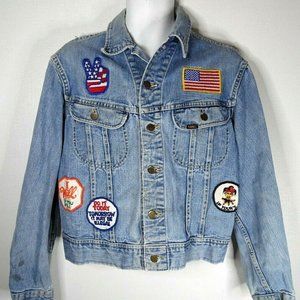 Lee Riders Sanforized Denim Trucker Hippy Jacket Mens L Union Made USA Patches